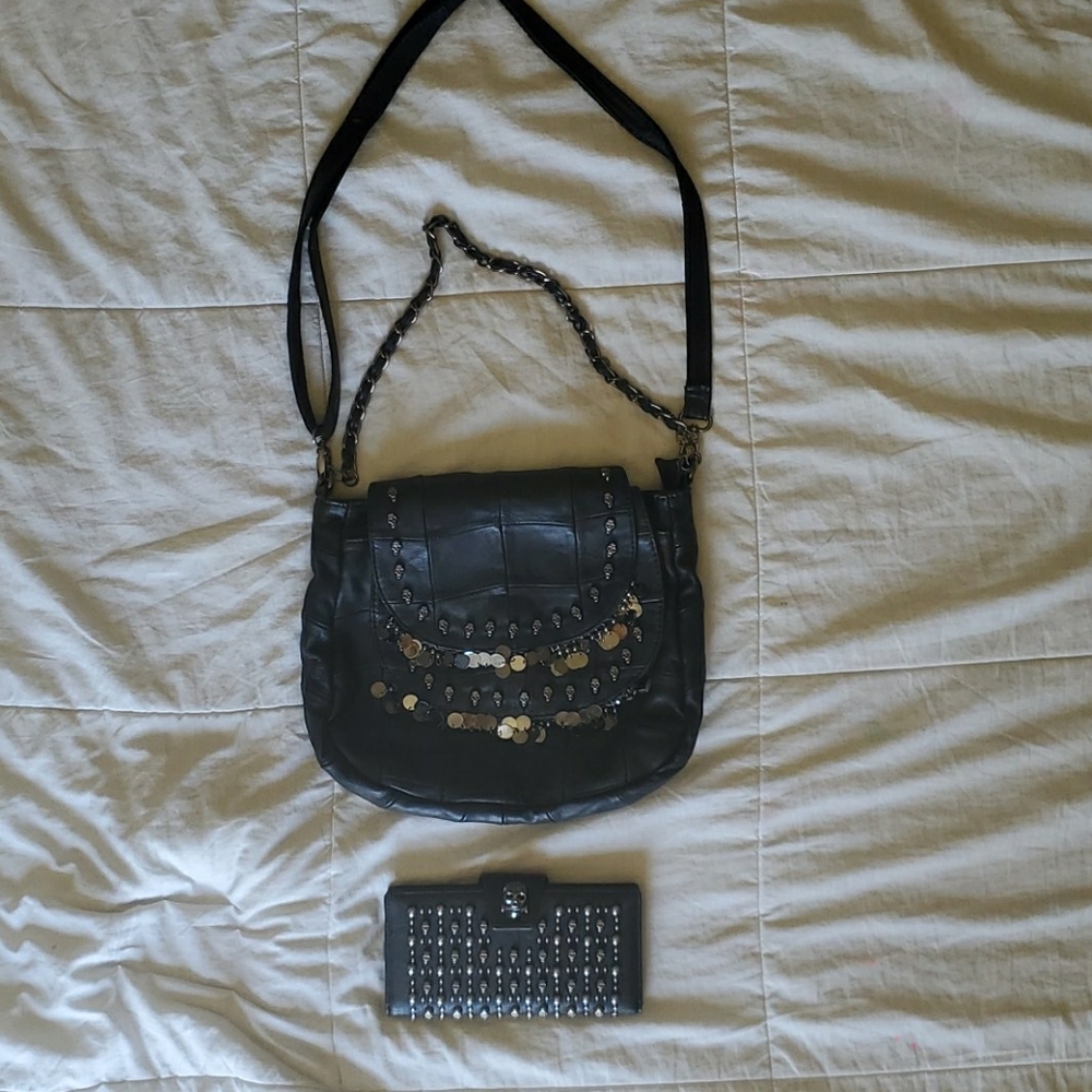 Black Shoulder Bag with Skull Embellishments NWOT